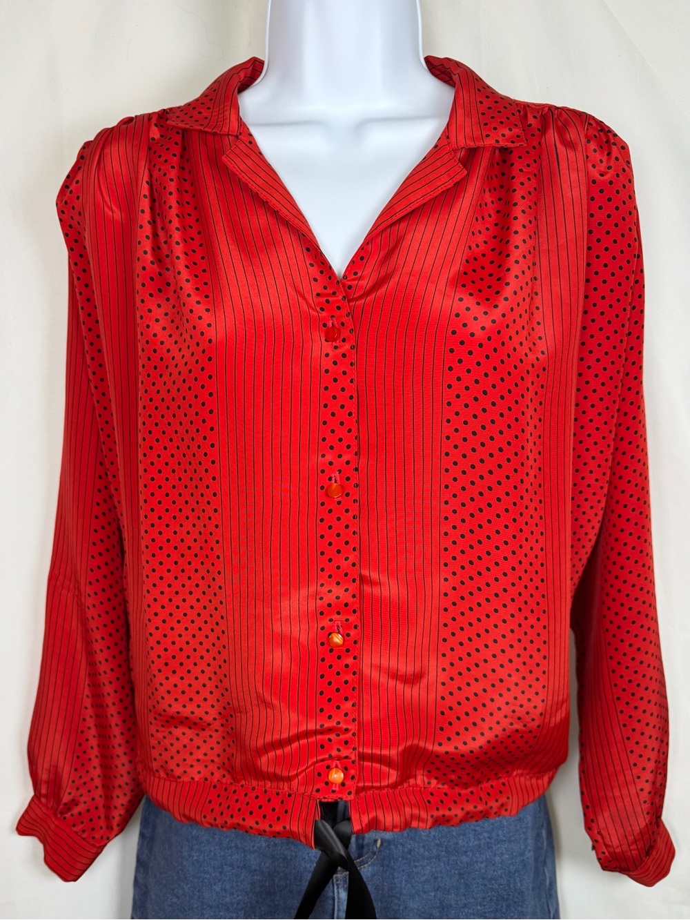 Vintage Made in France Red Polka Dot Stripe Satin Blouse 80s